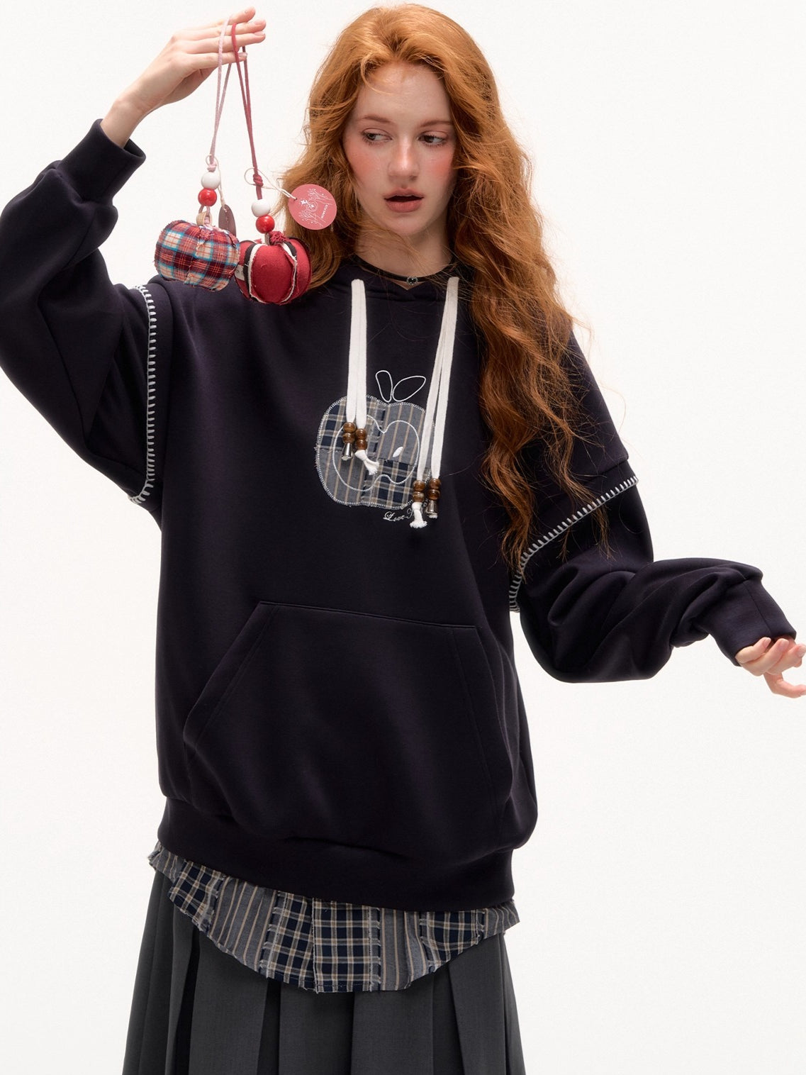 Fake Two-piece Apple Appliqué Layered Hoodie - CHINASQUAD