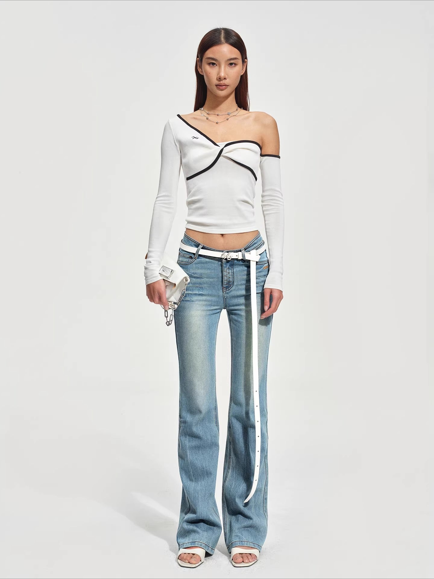 Sculpted Twist Asymmetric Off-Shoulder Knit Crewneck