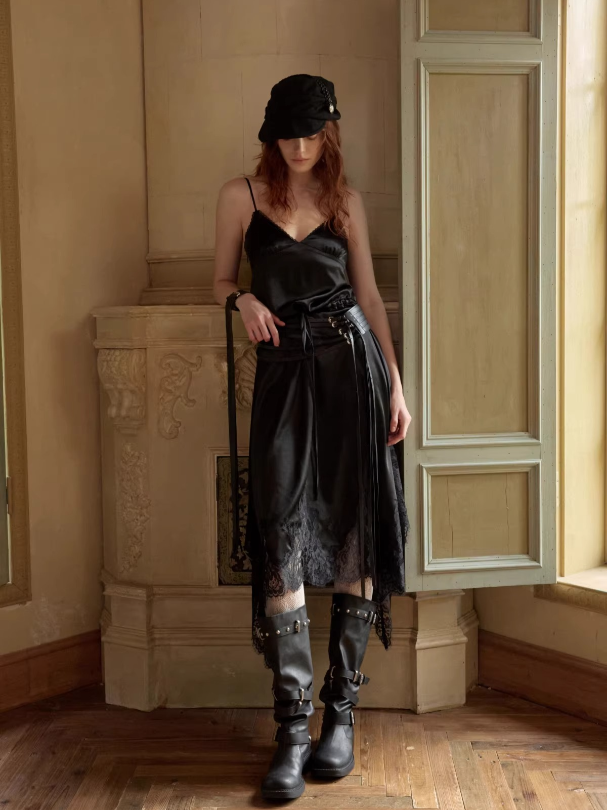 Lace Patchwork Plaid V-Neck Slip Dress