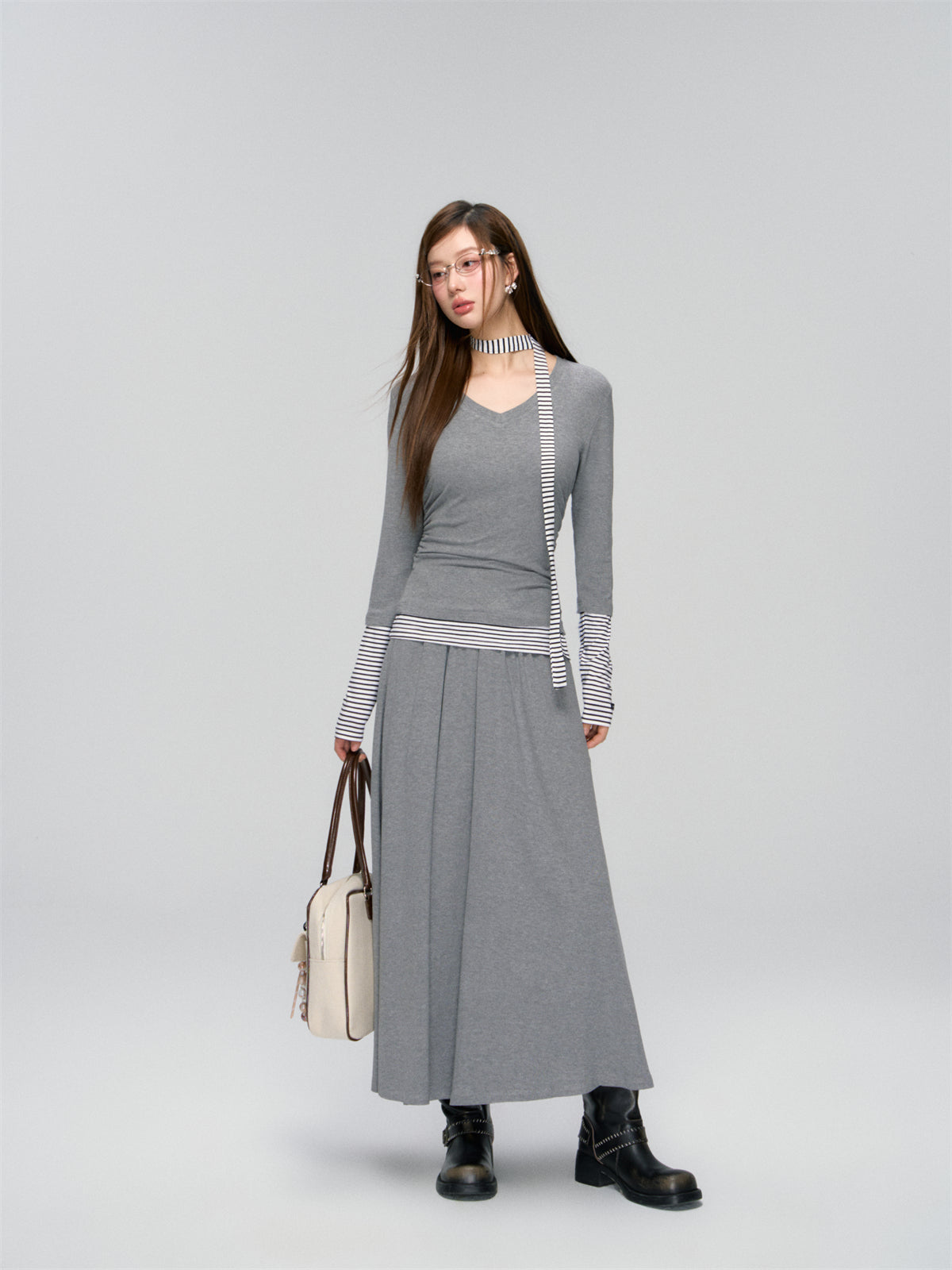 Striped Layered V-neck Knit & Skirt Set - CHINASQUAD