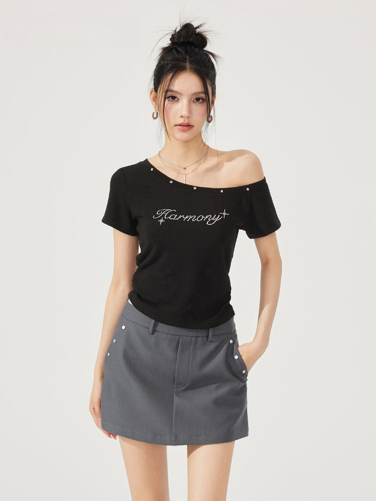 High-Elasticity Star-Studded Diagonal Shoulder T-Shirt - CHINASQUAD