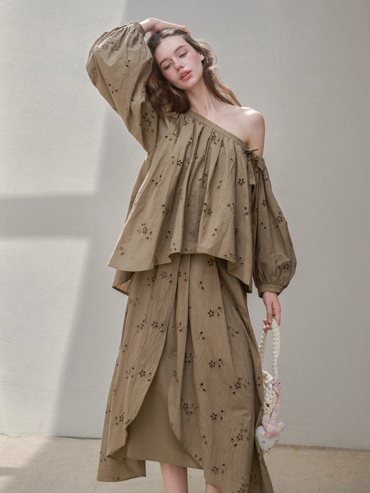 Embroidered Off Shoulder Blouse & Skirt Set