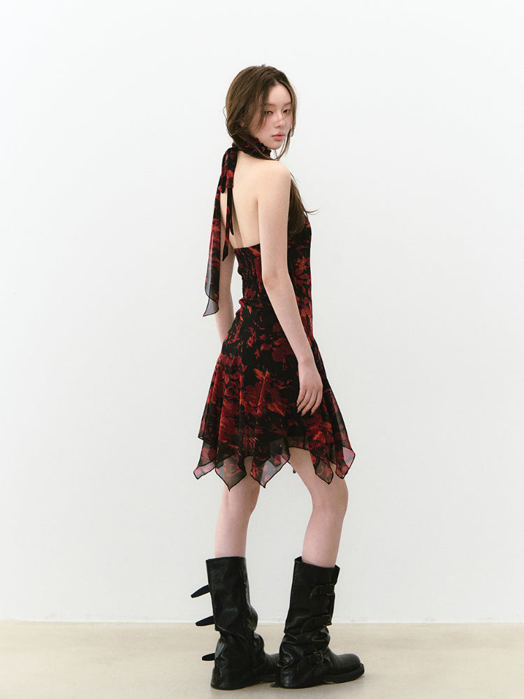 Blue Halter Printed Dress - CHINASQUAD