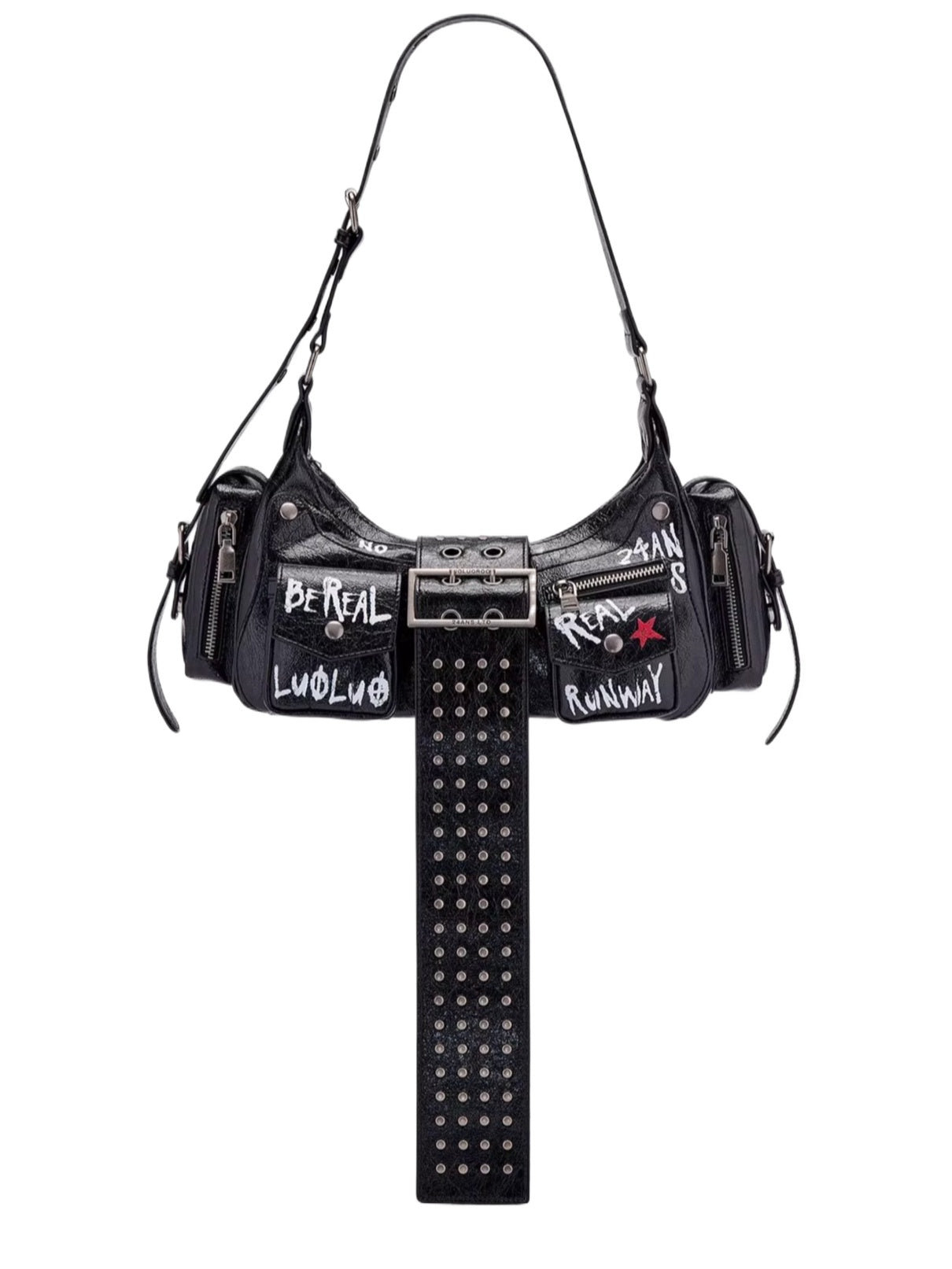 Graffiti-Print PU Cracked-Leather Bag