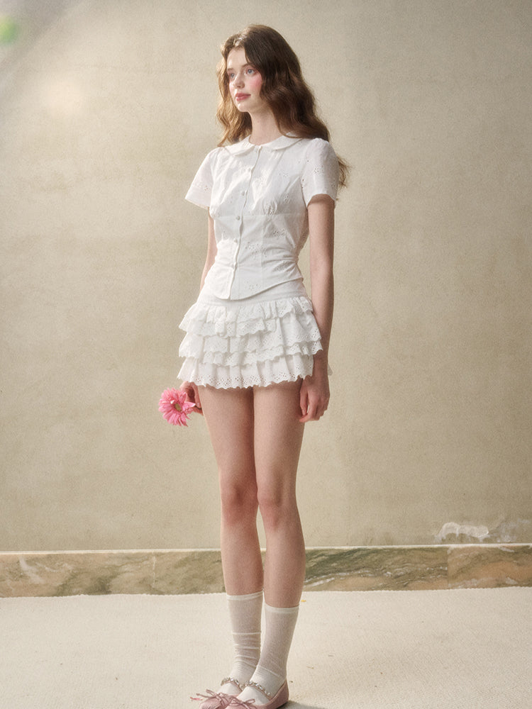 Embroidered Lace Waist Shirt & Skirt Set - CHINASQUAD