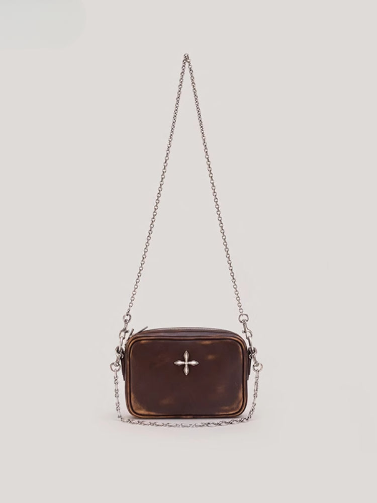 Compass Badge Patina Leather Shoulder Bag Medium Caramel Patina - CHINASQUAD