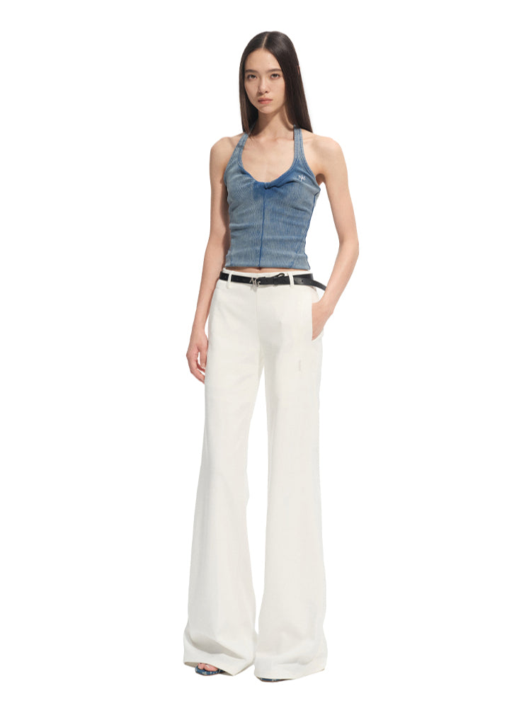 Shell white Mid-rise Fitted Flare Pants - CHINASQUAD