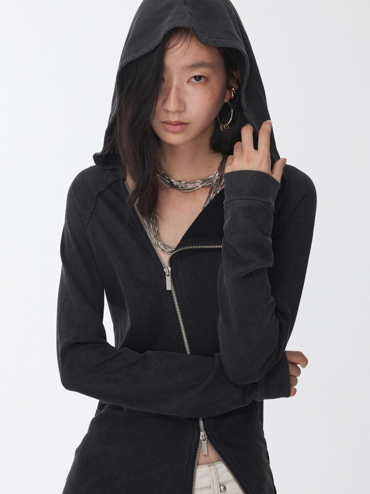 Washed Rhinestone Studded Deconstructed Hoodie Dress - CHINASQUAD