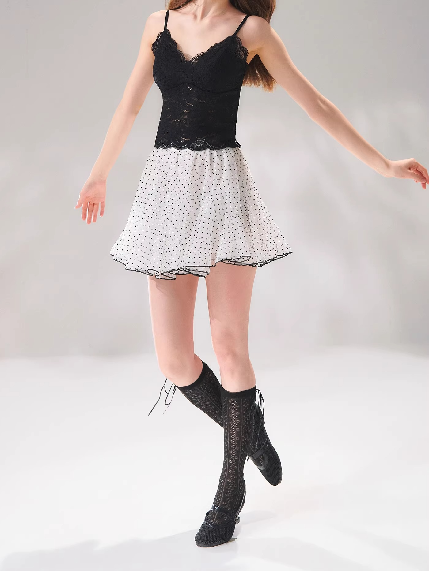 Flocked Polka Dot A-Line Tulle Mini Skirt
