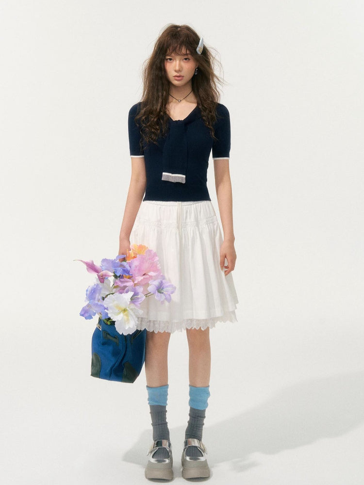 Preppy Style Collared Tie Knit Top - CHINASQUAD