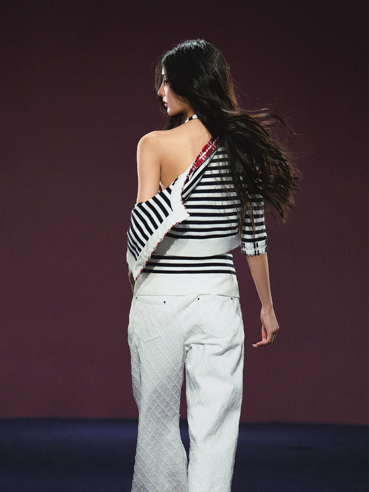 Contrast Stripe Halter Camisole Tank Top & Cardigan Set - CHINASQUAD