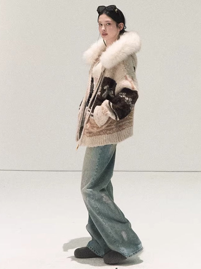 Detachable Fur-Collar Wool Hooded Cardigan