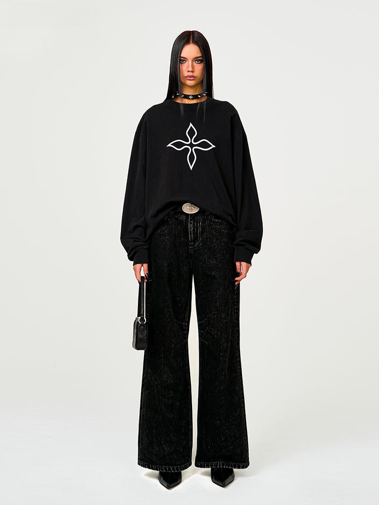 Black Print Loose-Fit Pullover Sweatshirt - CHINASQUAD