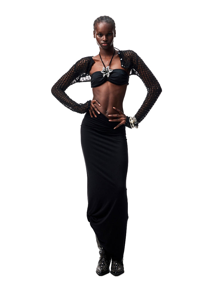 Hollow-Out Knitted Cropped Long-Sleeve Cover-Up - CHINASQUAD