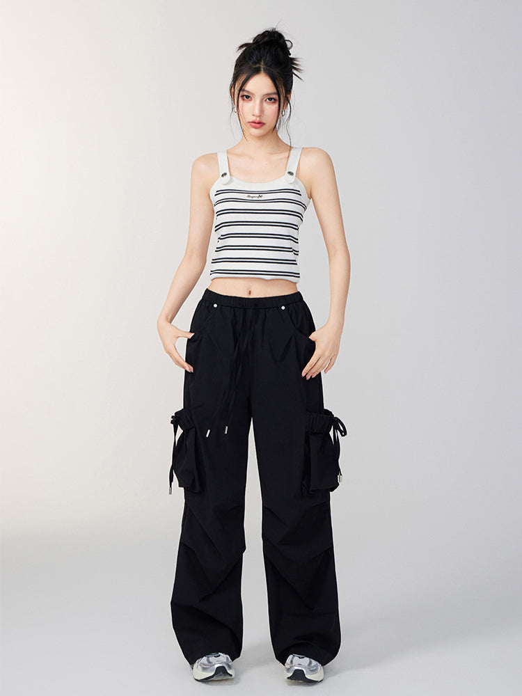 Bowknot Tie Waist Cargo Wide-Leg Pants - CHINASQUAD