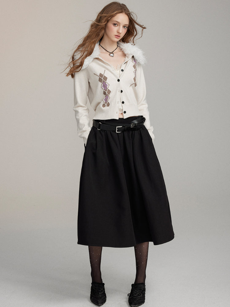 Detachable Fur Collar Quilted Knit Cardigan - CHINASQUAD