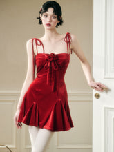 Classic Red Velvet Handcrafted Floral Velvet Dress - CHINASQUAD