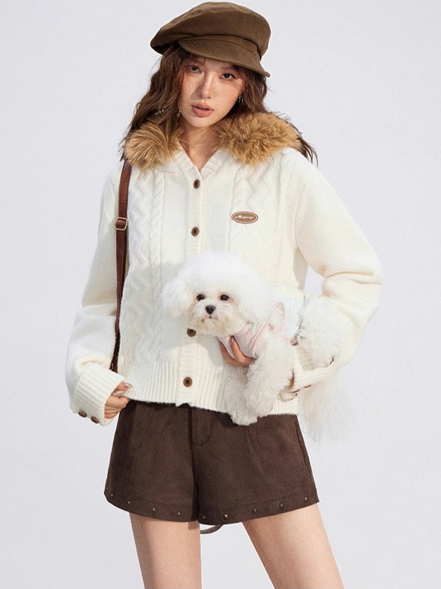 Detachable-Fur Cable-Knit Hoodie