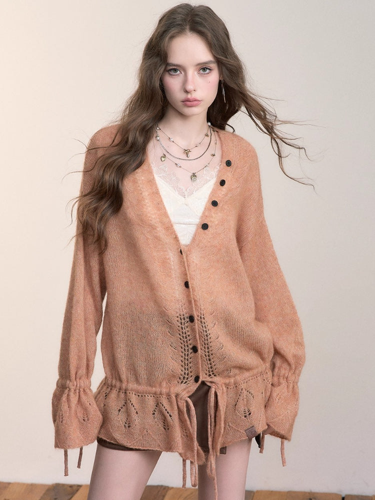 Drawstring Openwork Wool Knit Cardigan