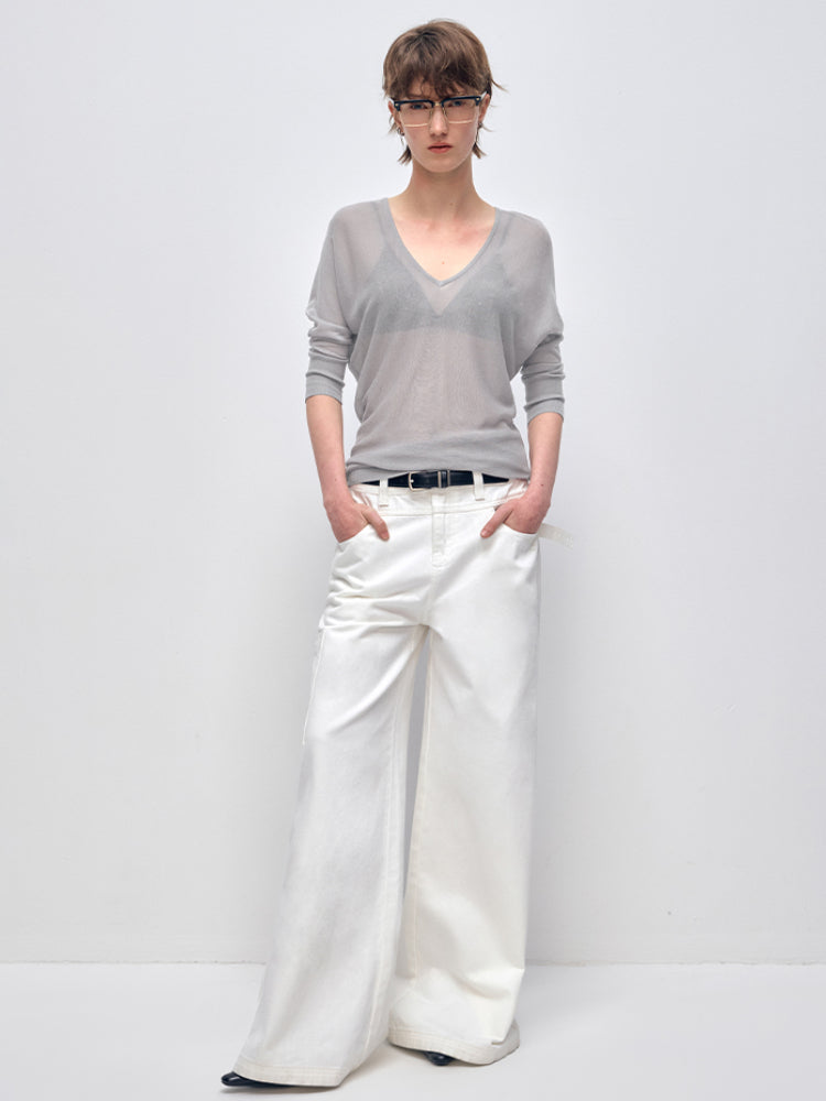 Gray Slightly Sheer V-Neck Long Sleeve Base Layer - CHINASQUAD