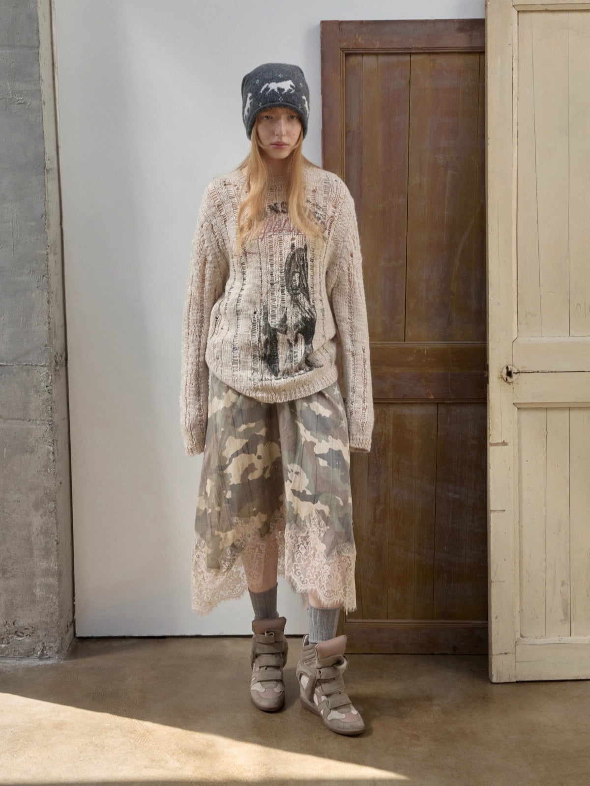 Camouflage Lace-Trim Printed Slip Dress - CHINASQUAD