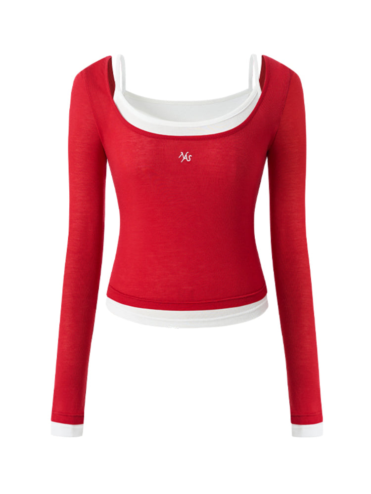 Color-block Two-piece Integrated Strap Layered T-shirt - CHINASQUAD