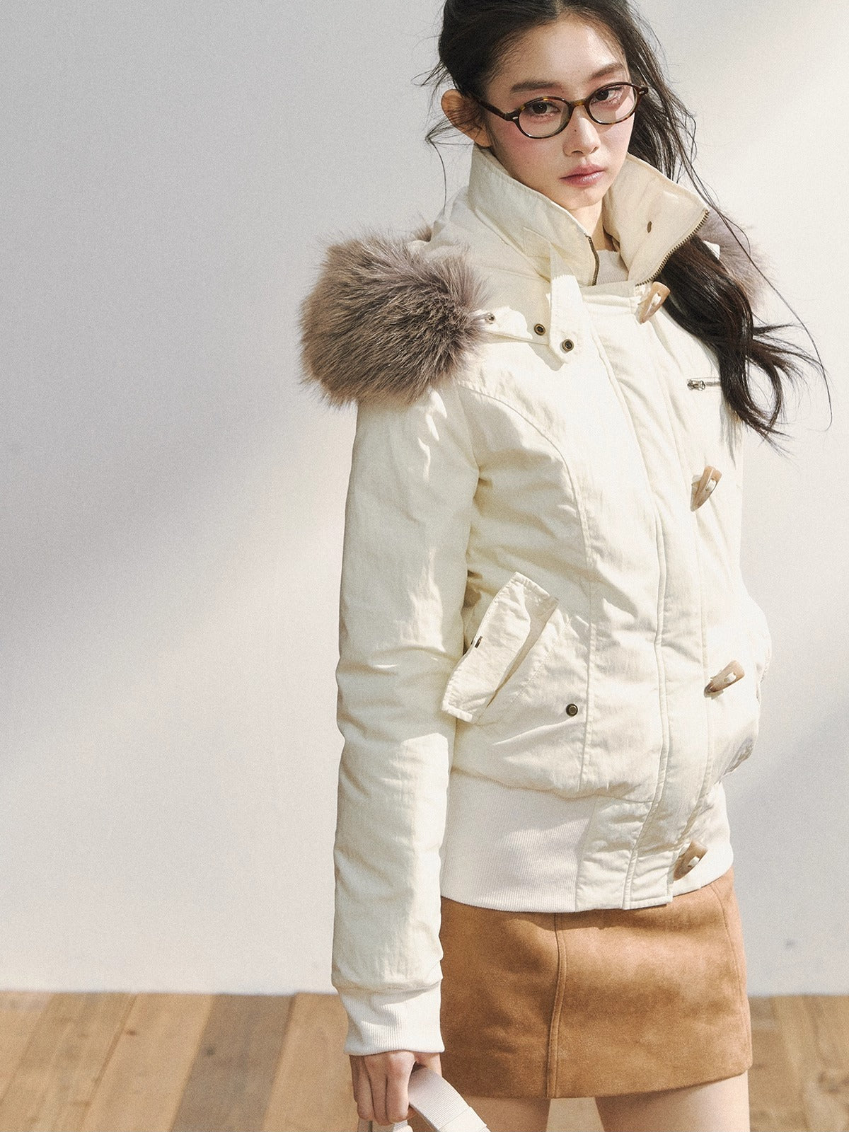 Two-Tone Faux Fur Collar Hooded Duffle Puffer Jacket