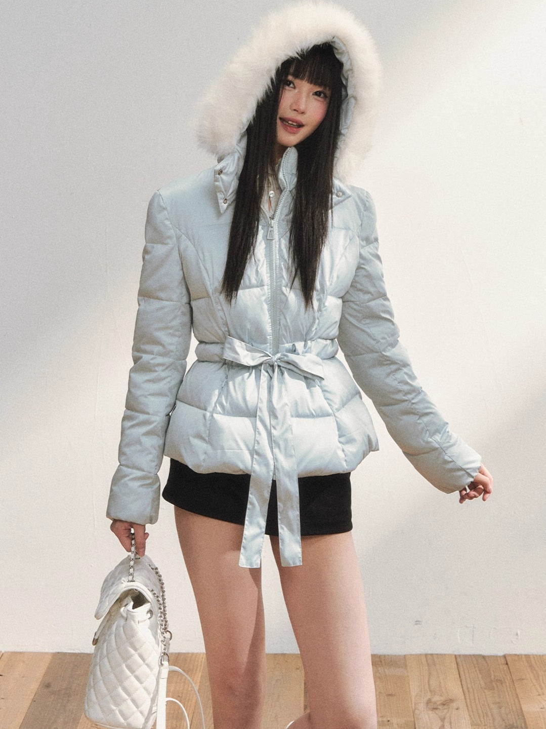 Two-Tone Belted Detachable Fur Hood Down Jacket