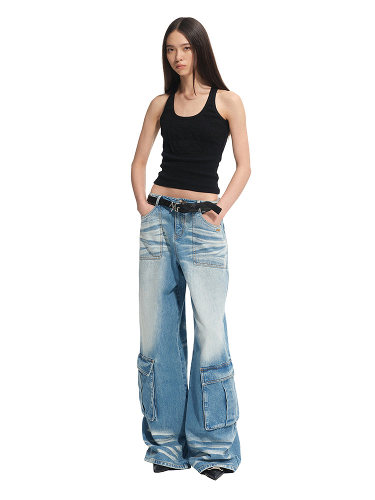 Washed Twill Denim Whisker Wide-leg Jeans - CHINASQUAD