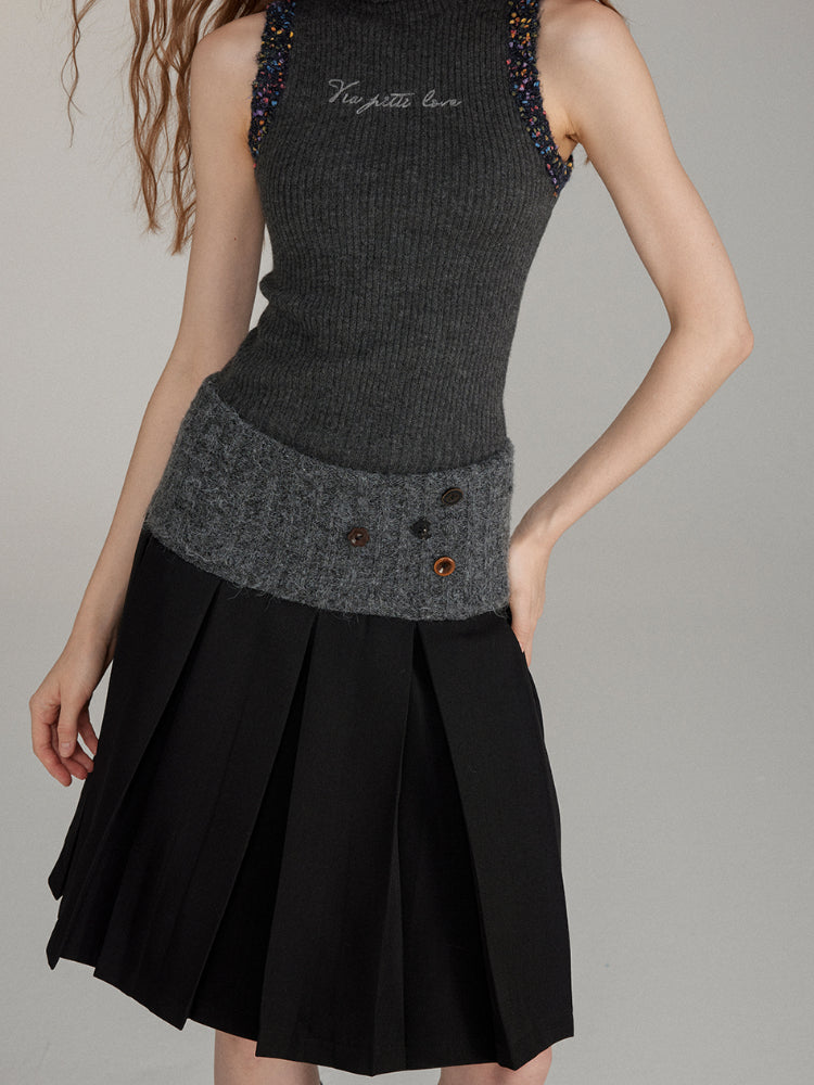Patchwork Button Wool Pleated Skirt - CHINASQUAD