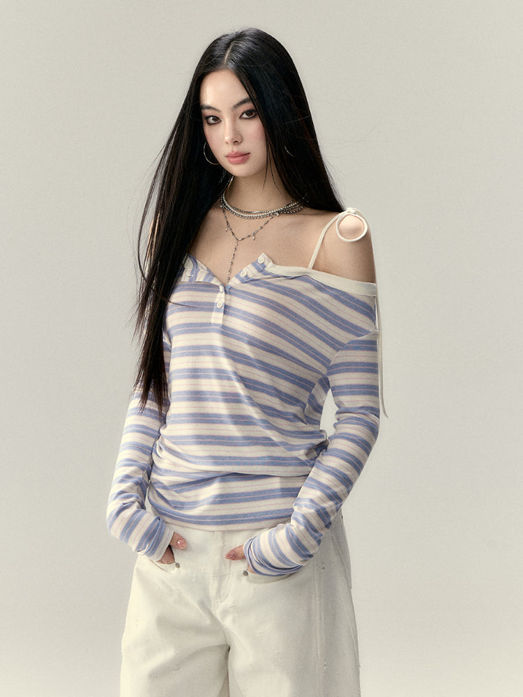 Tie-Button Off-Shoulder Long-Sleeve T-shirt - CHINASQUAD