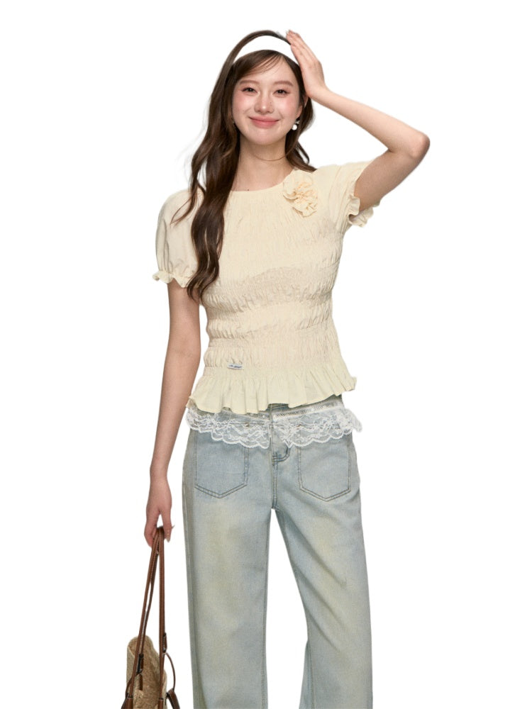 Three-Dimensional Flower Pleated Short-Sleeve Blouse - CHINASQUAD