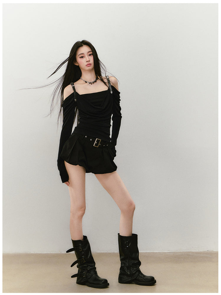 Draped Neck Leather Strap Acetate One-shoulder T-shirt - CHINASQUAD