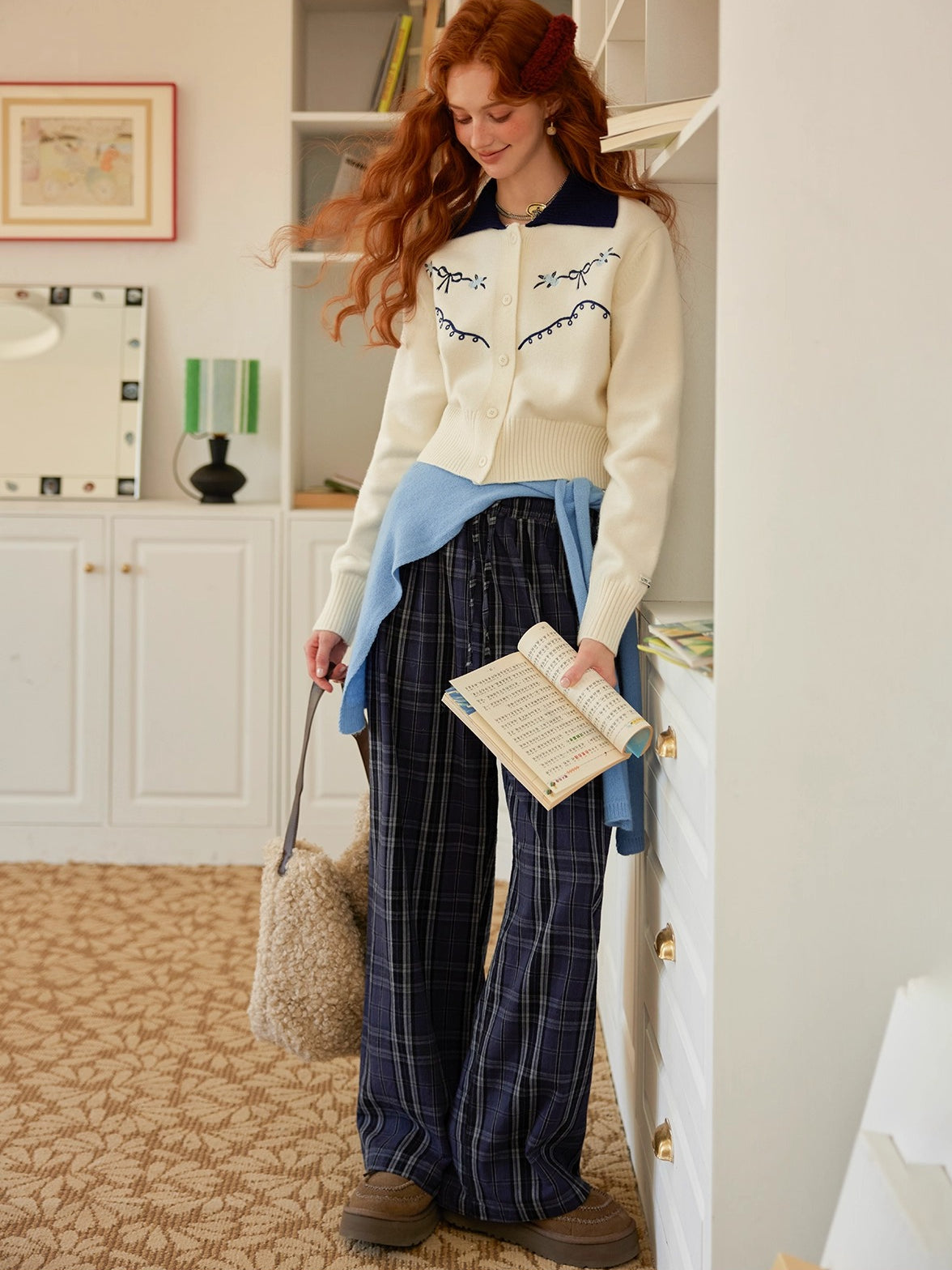 Plaid Patchwork Double-Waist Relaxed Straight Pants