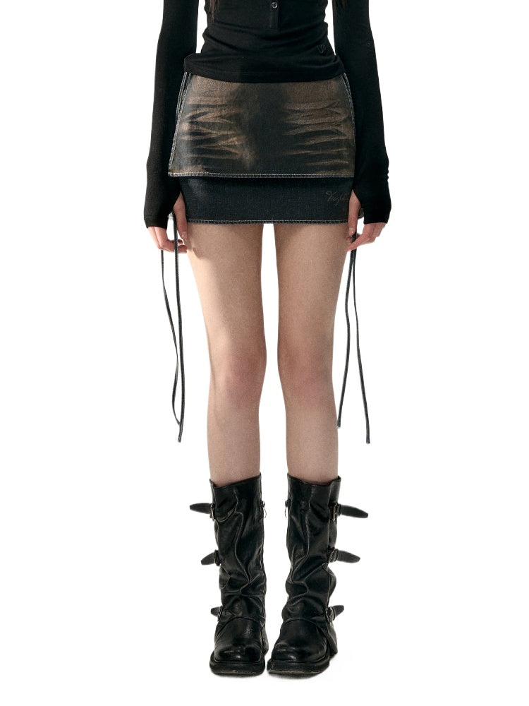 (Final Sale) Faux Two-Piece Tie Waist Denim Skirt - CHINASQUAD