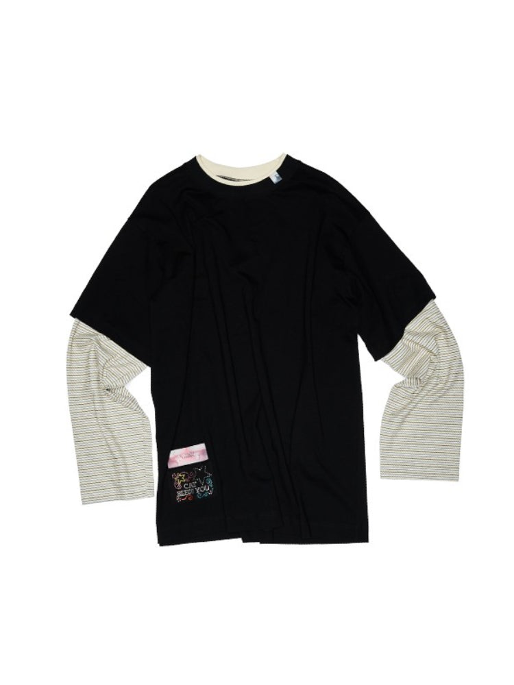 Fake Two-Piece Contrast Color Loose Striped T-Shirt - CHINASQUAD