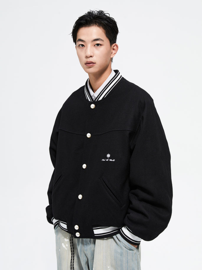 Black Vintage Heavy Wool Baseball Jacket - CHINASQUAD