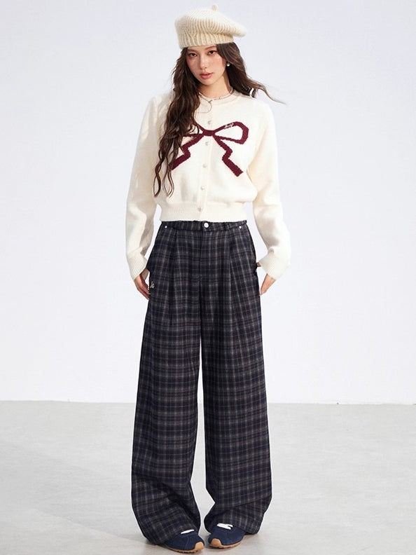 Plaid Fleece-Lined Wide-Leg Trousers