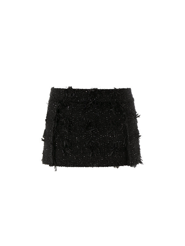 Black Tweed Mid-Low Waist Pencil Skirt - CHINASQUAD