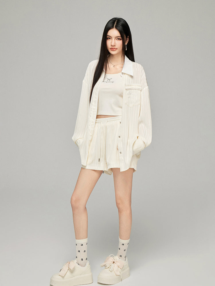 Color-block Shiny Silk Shirt & Shorts Set