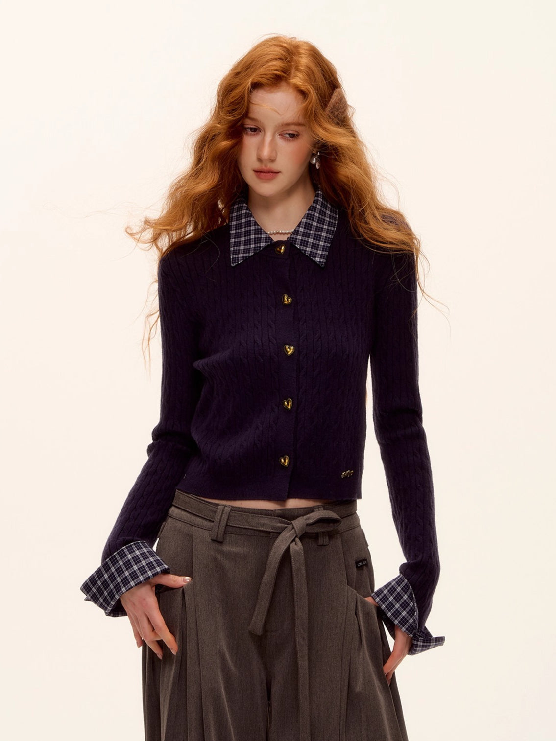 Wool Blend Plaid Patchwork Cable Knit Cardigan