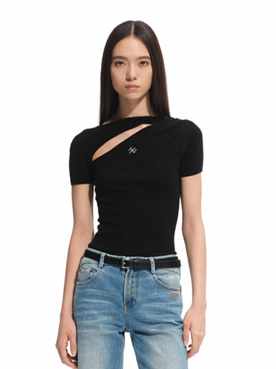Diagonal Open High-Neck Regular Shoulder T-Shirt - CHINASQUAD