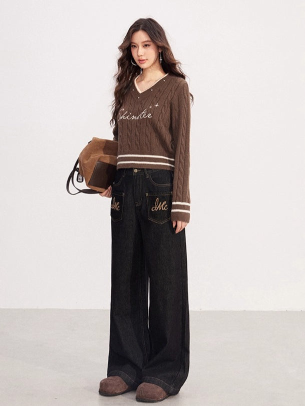 Embroidered Vintage Wide-Leg Denim Pants