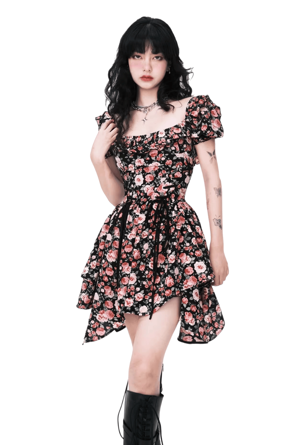 Lace-Up Asymmetric Waist-Defined Dress