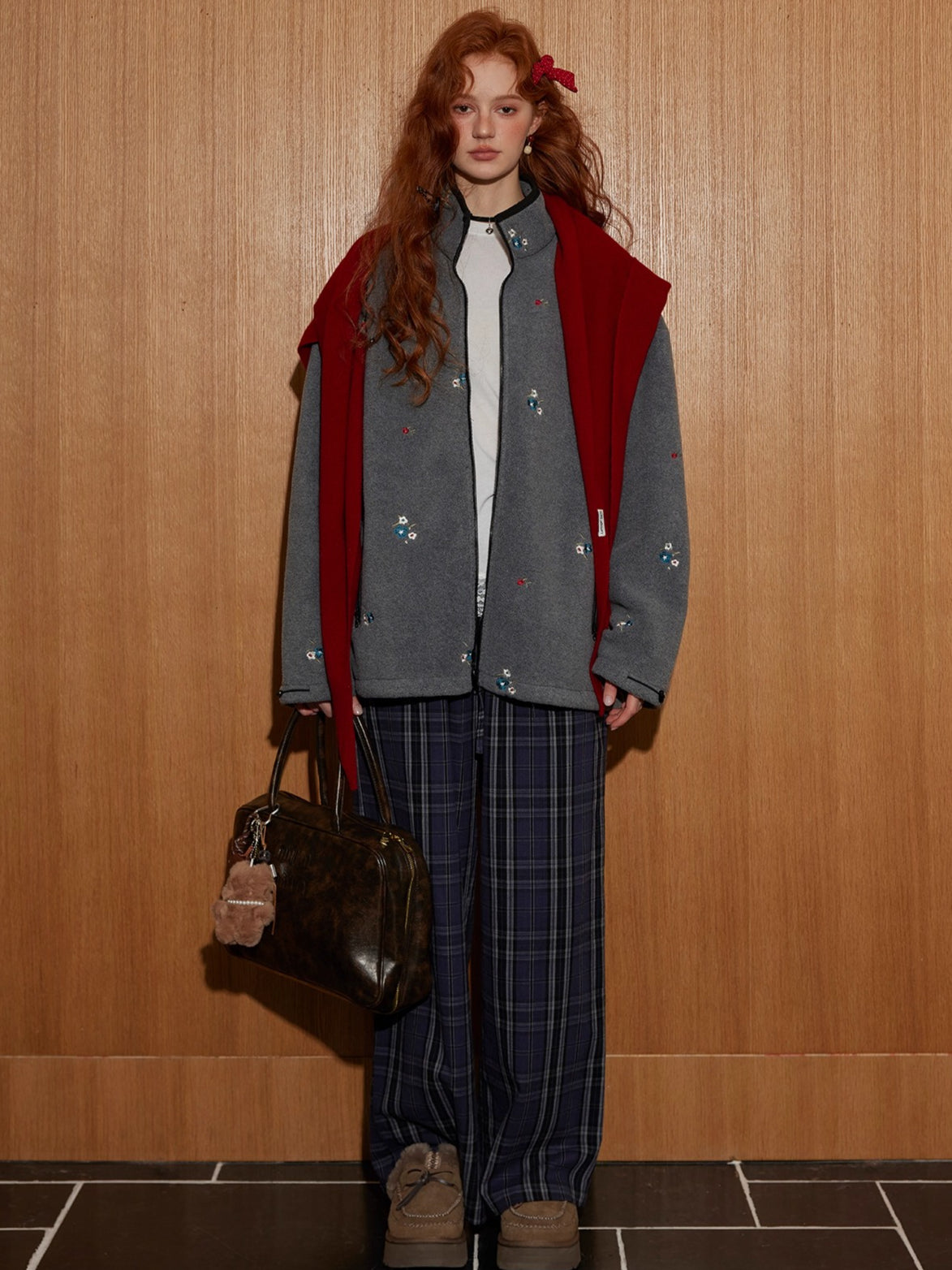 Plaid Patchwork Double-Waist Relaxed Straight Pants
