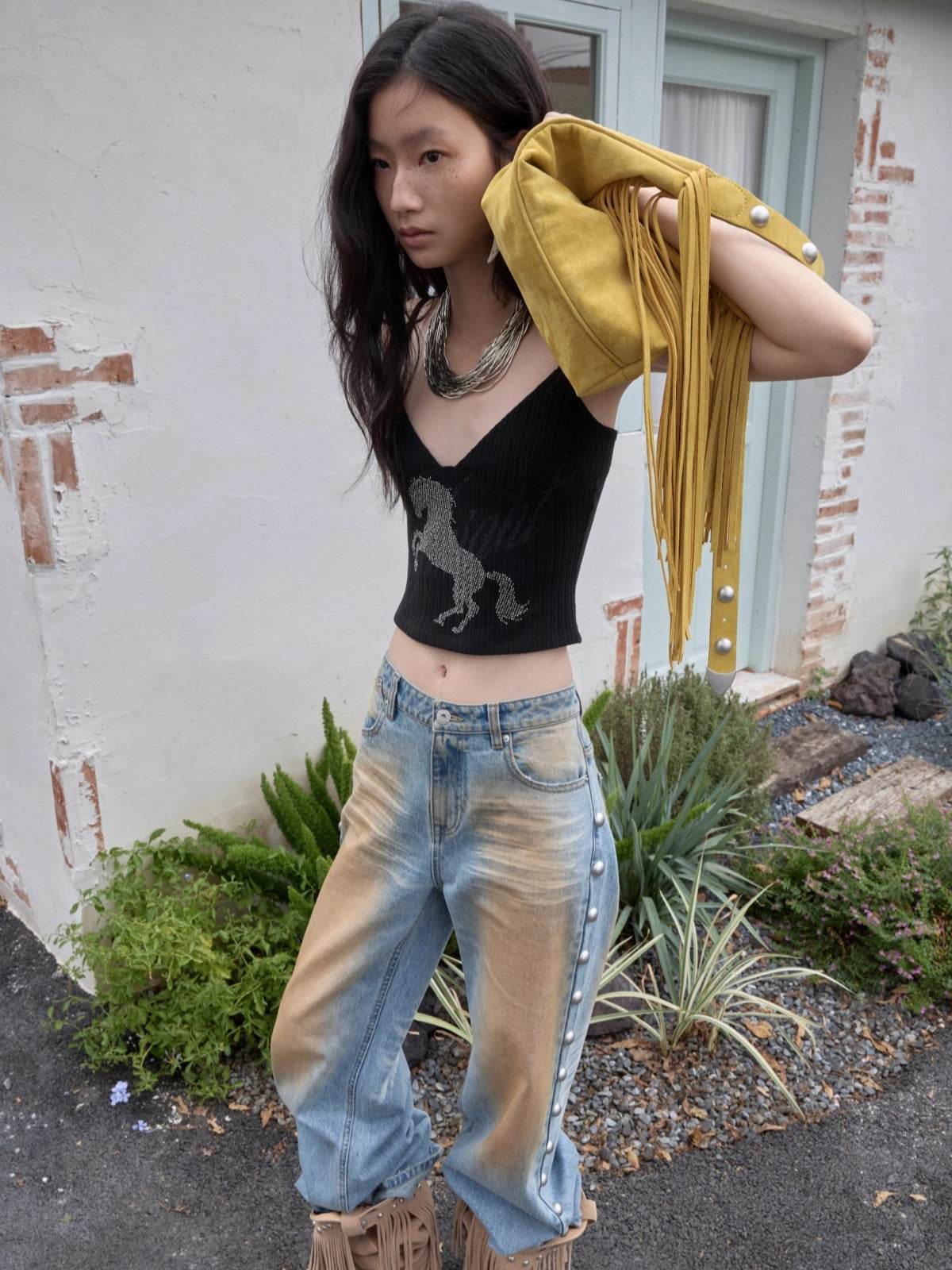 Knight Horse Rhinestone Cable-Knit Camisole - CHINASQUAD