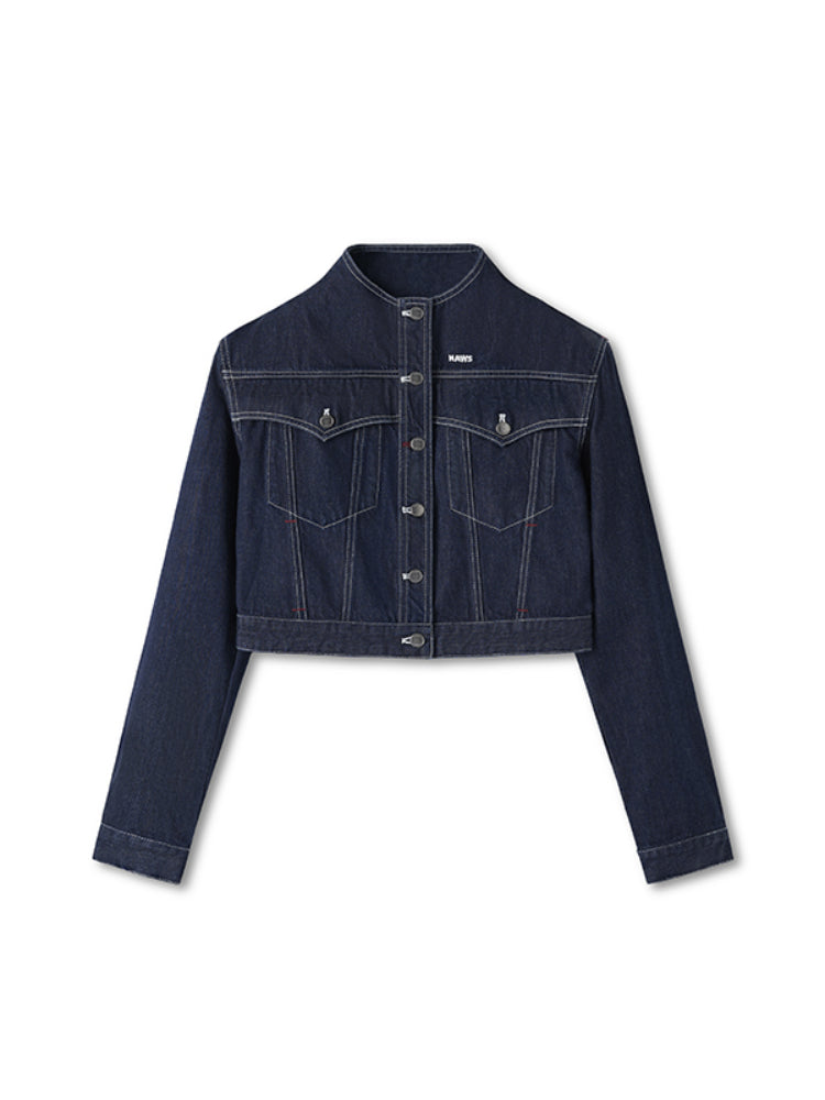 Denim Stand-Collar Regular Shoulder Cropped Jacket - CHINASQUAD