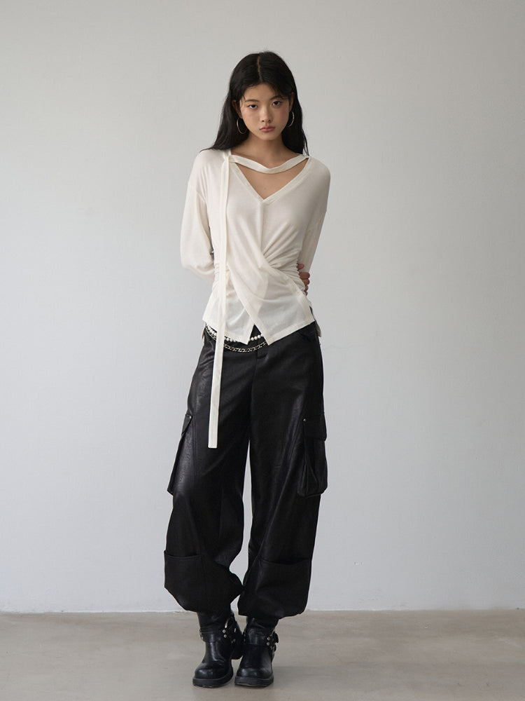 V-Neck Drawstring Waist Buttoned Blouse - CHINASQUAD