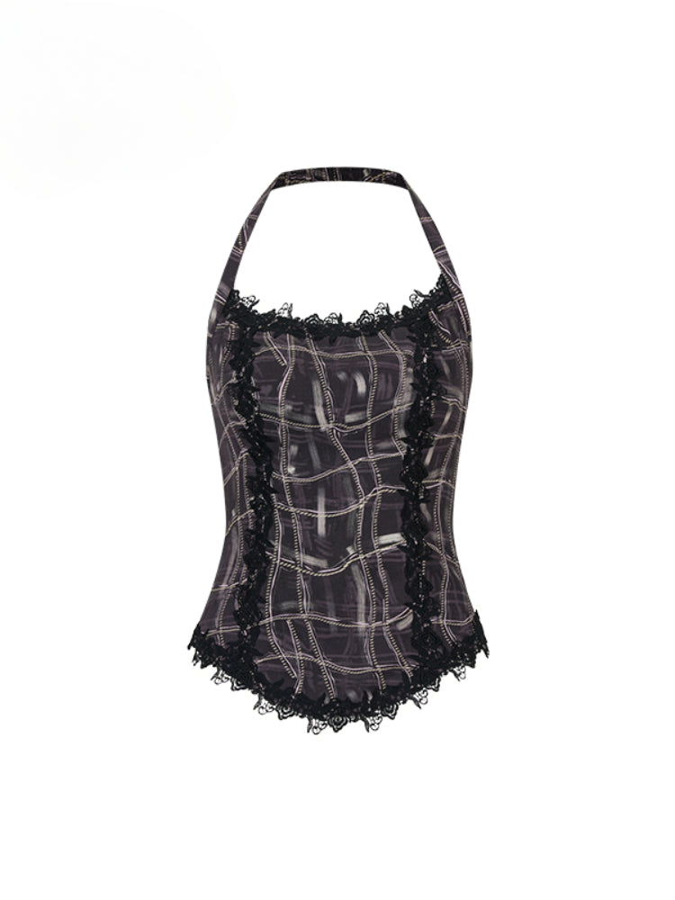 Lace Splicing Halter Neck Top - CHINASQUAD