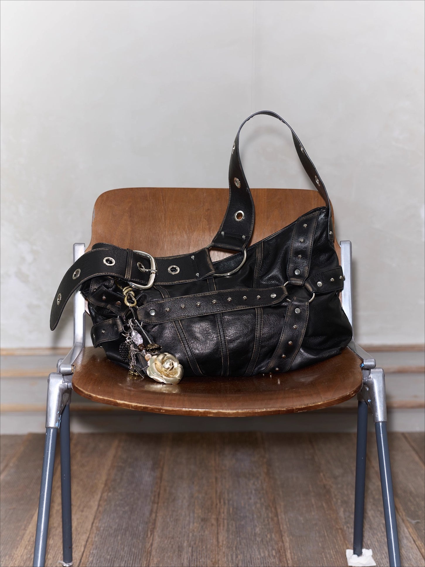 Vintage Studded Wide-Strap Crossbody Bag